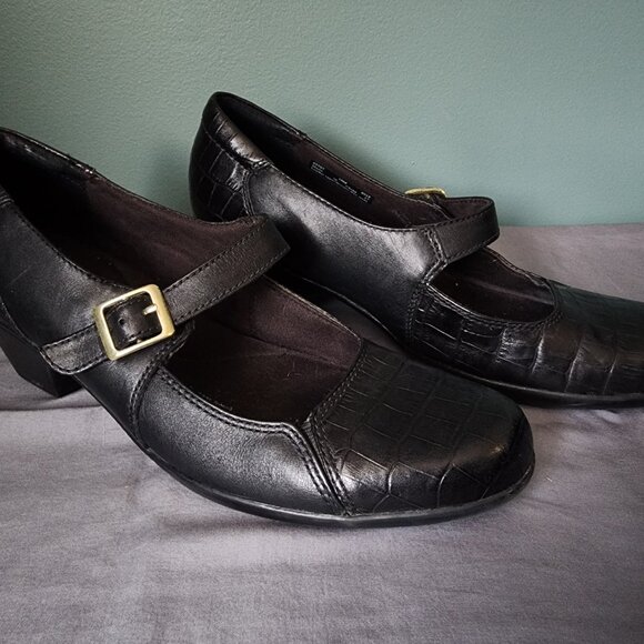Clarks Ingalls Artic Mary Jane Shoes 10M Black Leather Crocodile Design - Picture 6 of 11